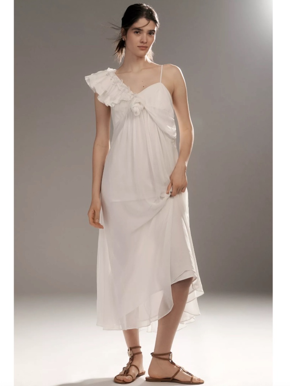 $248 NWT Let Me Be Anthropologie Asymmetric 3D Floral Midi Dress White
